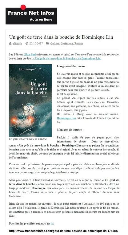Un goût de terre dans la bouche, le 6e roman de Dominique Lin très remarqué